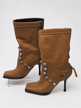 DSQUARED2 Brown Tan Studded Mid-Calf Heeled Moto Boots